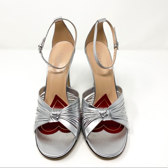 GUCCI Crawford Knotted Leather Silver Metallic Strap Heel Sandals - Picture 4 of 11